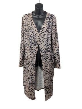 Kancystore Leopard Print Longline Open Front Cardigan Duster Beige Large L